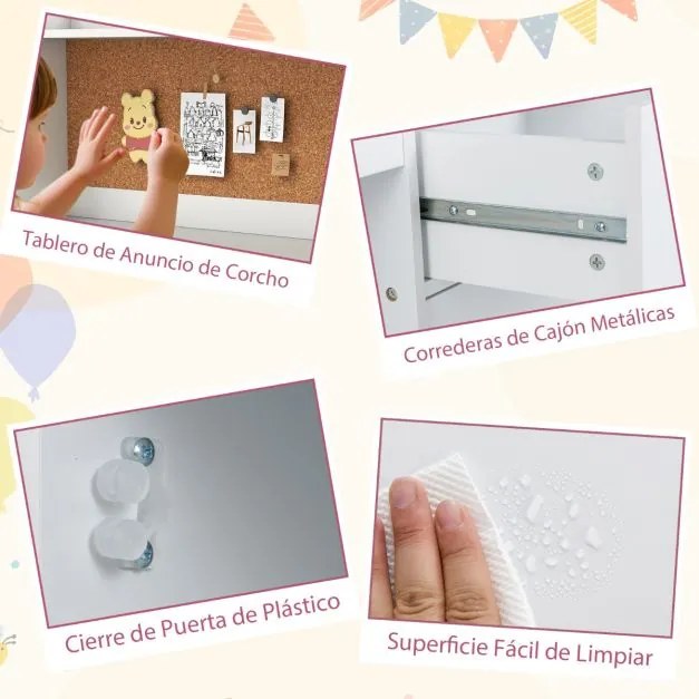 Conjunto de secretaria e cadeira infantil com estante, gaveta, armário, quadro de cortiça e banco com encosto inclinado 109,5 x 48 x 100,5 cm Branco