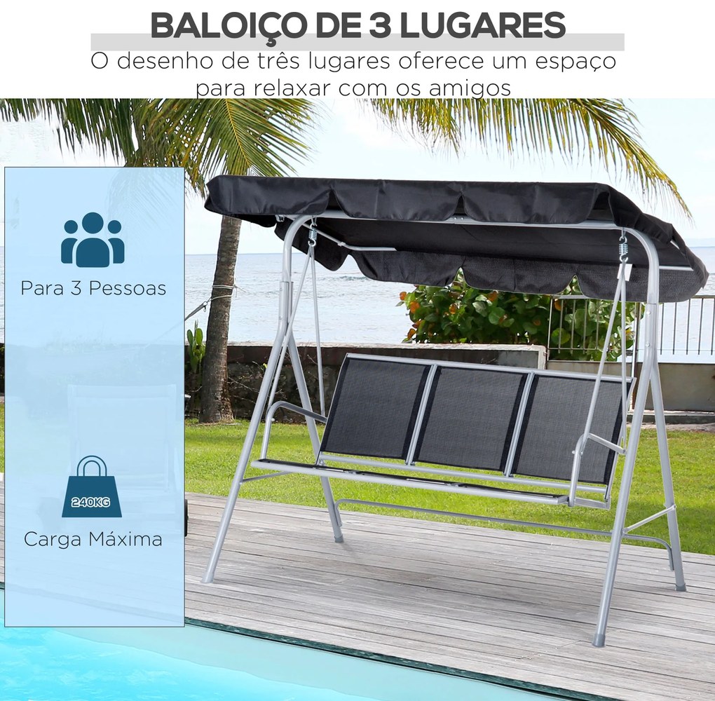 Outsunny Baloiço Jardim de 3 Lugares com Toldo Ajustável Encosto Respi