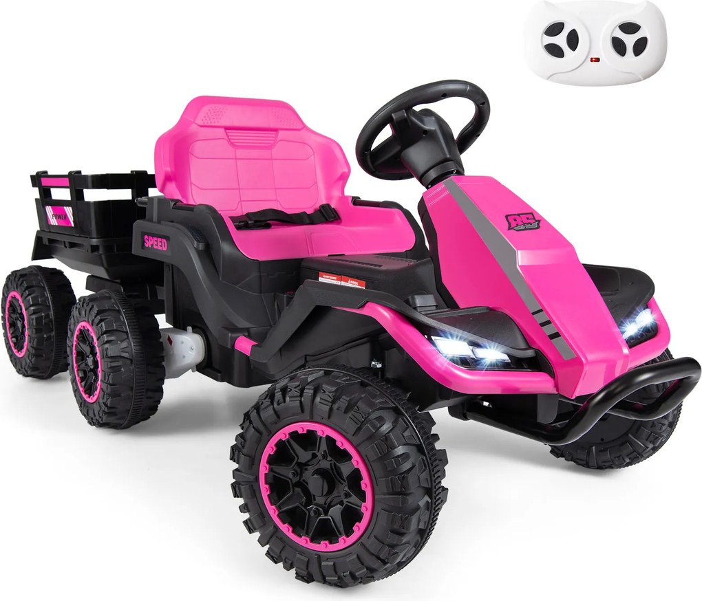 Trator Elétrico Infantil para crianças 3 a 6 anos com Reboque, 152 x 68 x 60 cm, Reboque Removível 2 em 1, Rosa