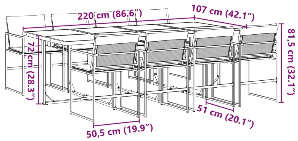 9 pcs conj. de jantar para jardim c/ almofadões textilene preto