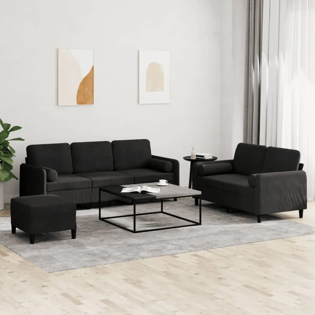 3 pcs conjunto de sofás com almofadas veludo preto