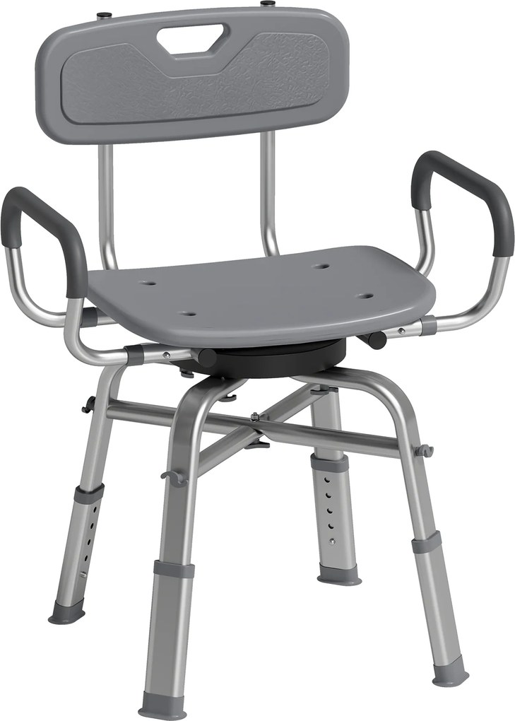HOMCOM Cadeira de Duche Giratória com Altura Ajustável com Apoios de Braço, Encosto, Capacidade 150 kg, Cinza | Aosom Portugal