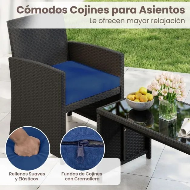 Conjunto de jardim em rattan com 4 peças: sofás de 2 lugares, mesa de vidro temperado e almofadas para exterior, varanda ou piscina, Preto+Azul escuro
