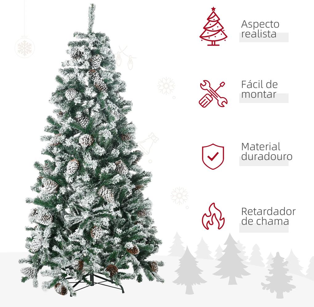 Árvore de Natal Artificial Altura 180 cm Árvore com Neve com 695 Ramos 57 Pinhas e Base de Aço Dobrável Ø104x180 cm Verde