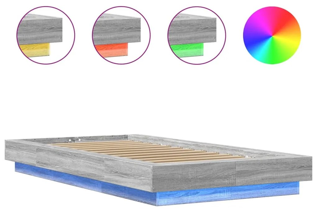 Estrutura de cama c/ luzes LED derivados madeira cinza sonoma