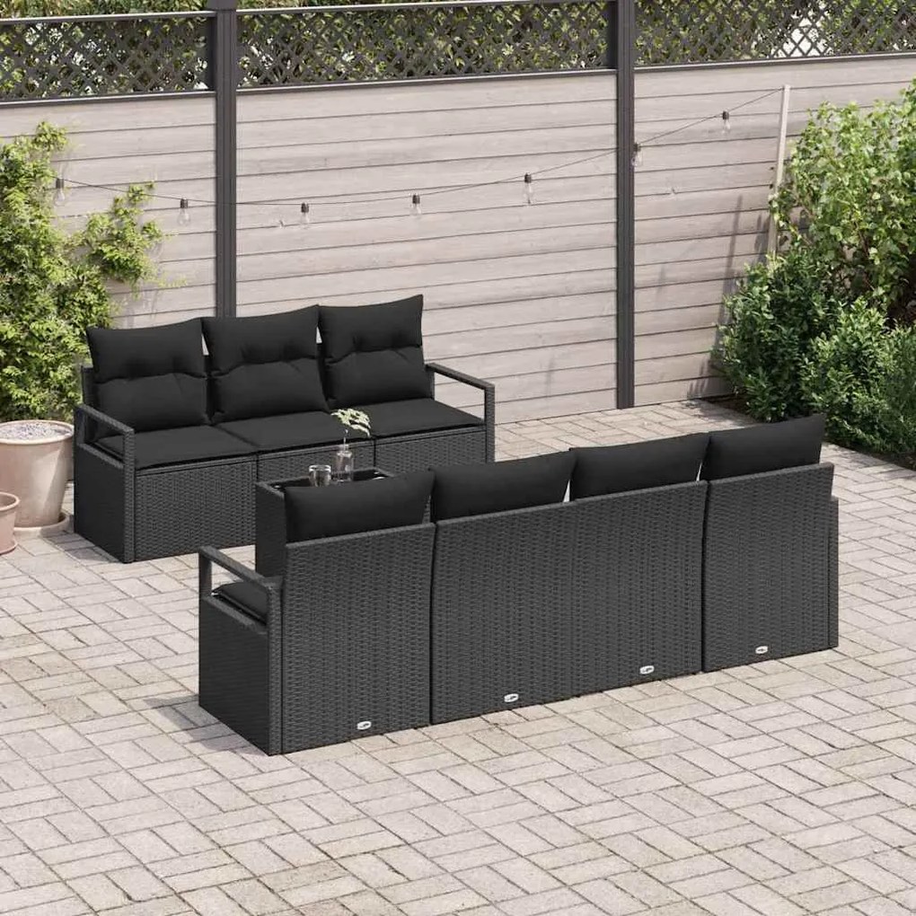 Sofá de Jardim de 8 Peças com Almofadas em Rattan Sintético Preto.