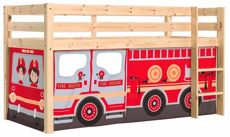 Cama alta de Criança PINO 90 x 200 cm + estrado + escada + cortina Bombeiros Natural