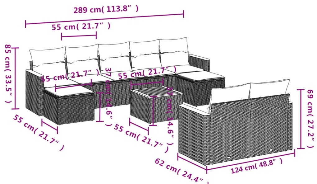 10 pcs conjunto sofás de jardim c/ almofadões vime PE cinzento