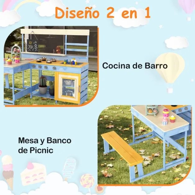 Cozinha de brincar com mesa de piquenique para crianças de madeira de abeto com banco Quadro negro Acessórios Utensílios Azul