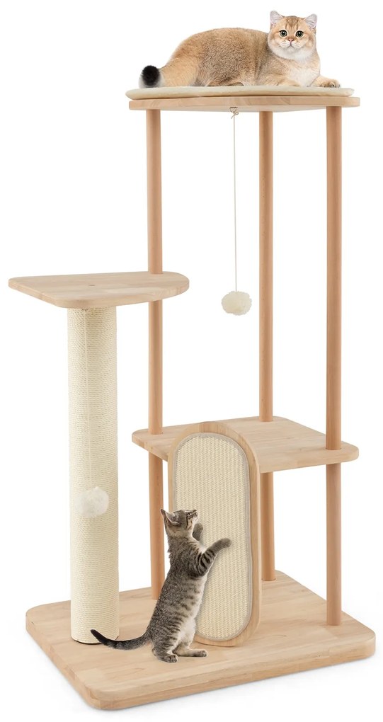 Torre moderna para gatos com tapete de vime e 3 bolas de brinquedo penduradas