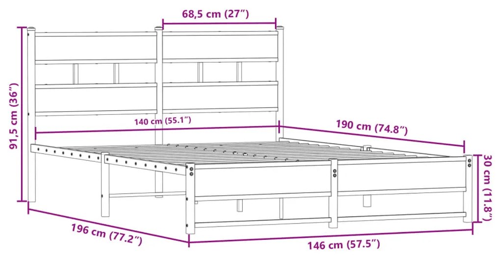 Estrutura de cama sem colchão 140x190 cm metal carvalho fumado