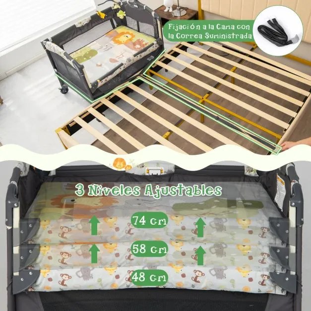 Parque Infantil bebés 3 em 1 Portátil com Trocador fraldas Centro de Actividades com Rodas e Travão 107 x 72 x 80,5 cm Cinzento Escuro