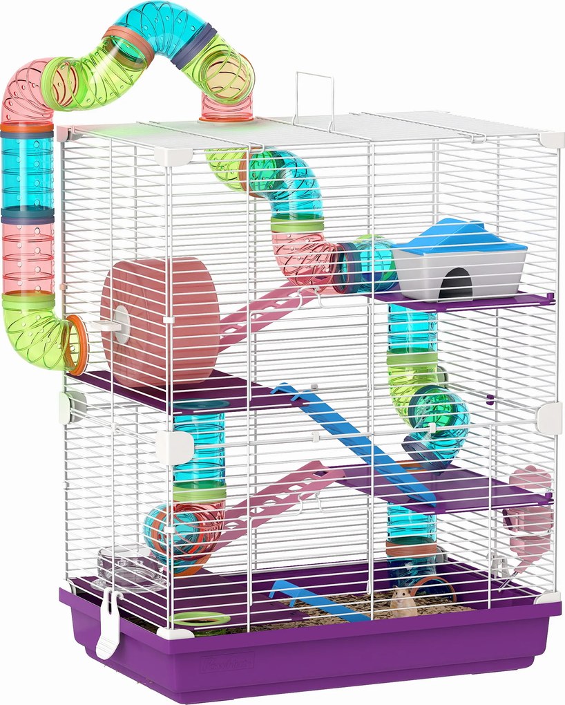 Gaiola para hamster de 4 andares com túneis, comedouro, roda, casinha e escadas – 46 x 30 x 58 cm – roxa