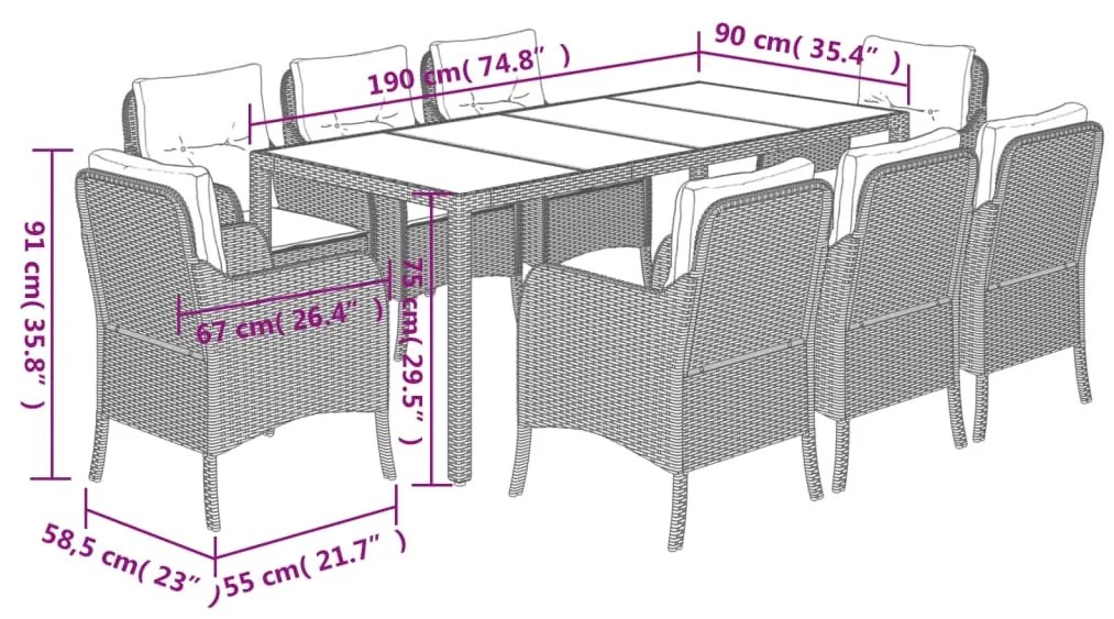 9 pcs conjunto de jantar p/ jardim c/ almofadões vime PE preto