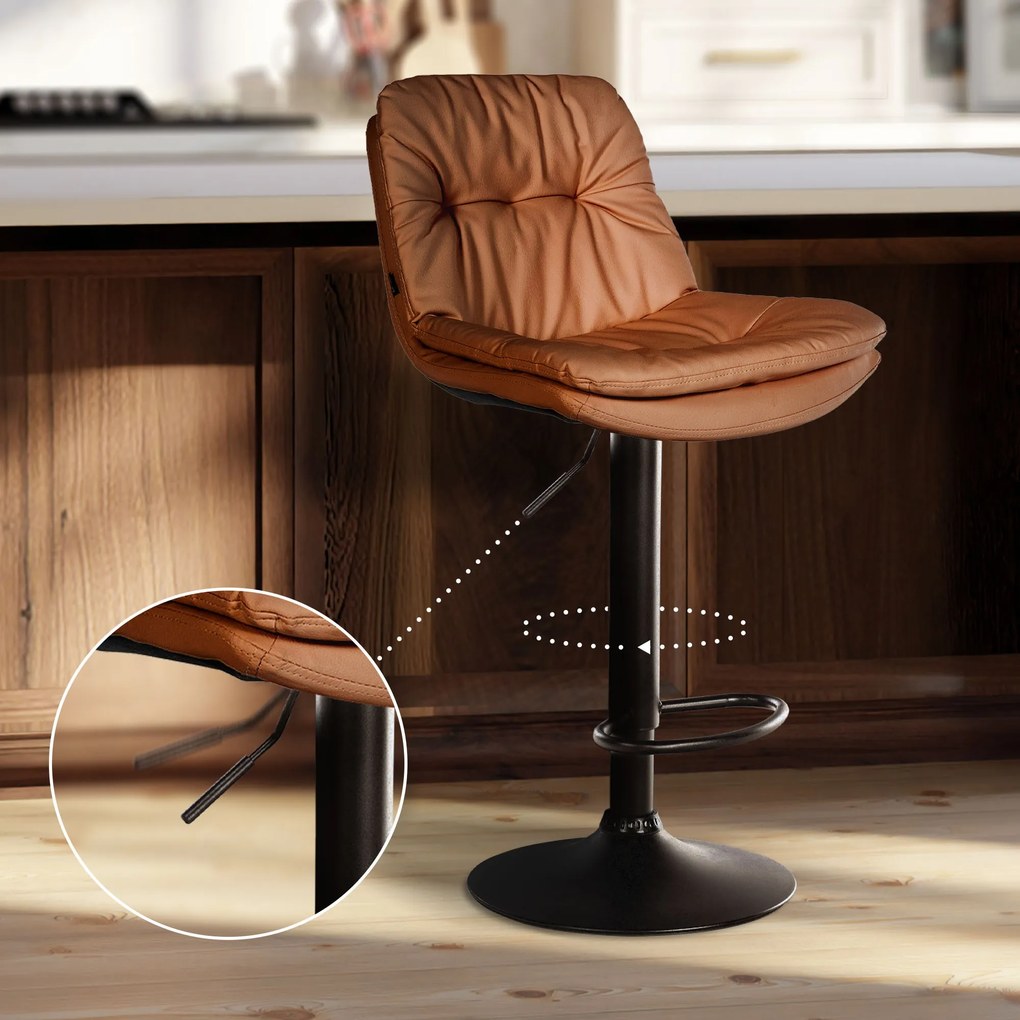 Banco de bar em couro sintético com estrutura preta 92-113 x 46 x 54 cm castanho claro