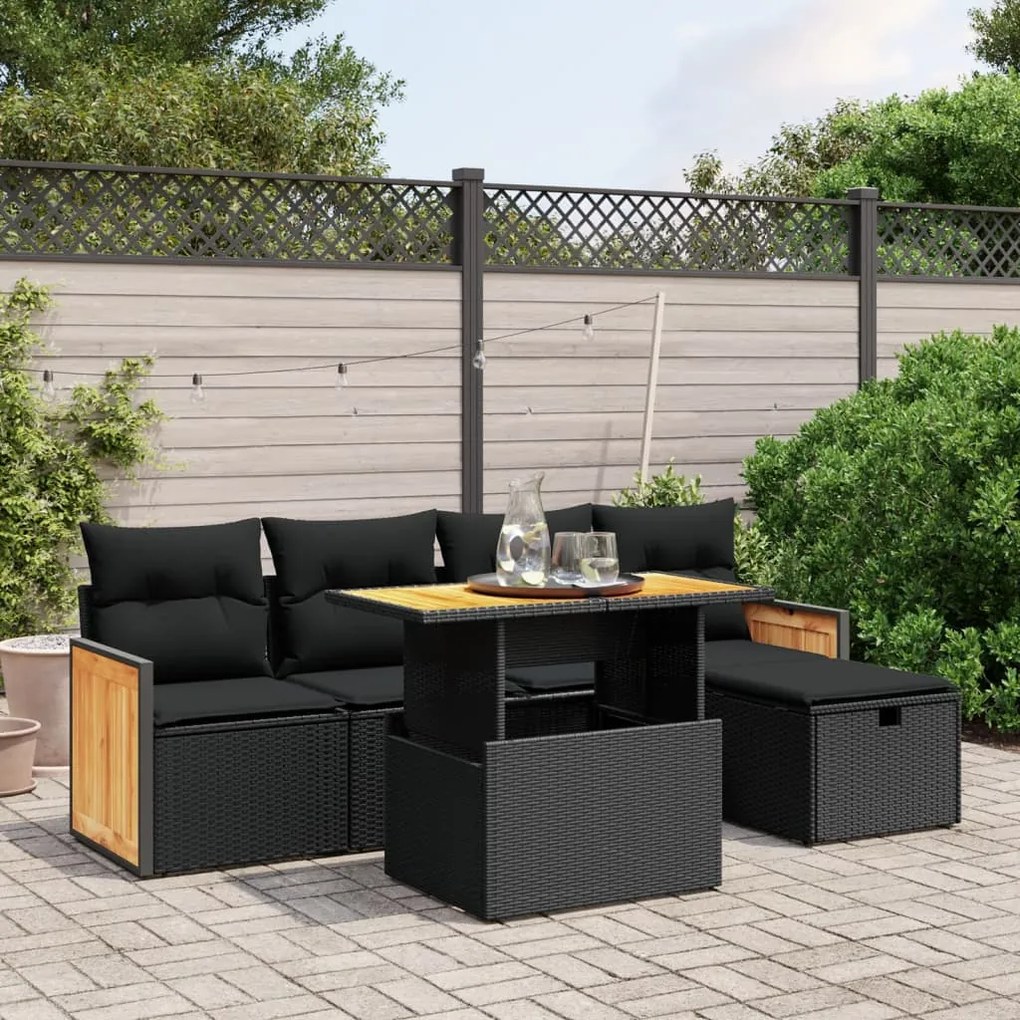 6 pcs conjunto sofás de jardim c/ almofadões vime PE preto