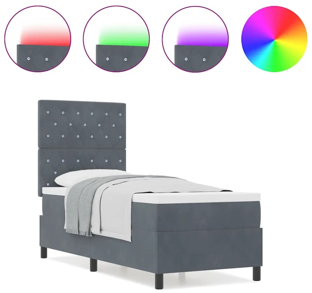 Cama Box Spring com Colchão &amp; LED Cinza Escuro 80x200 cm Veludo