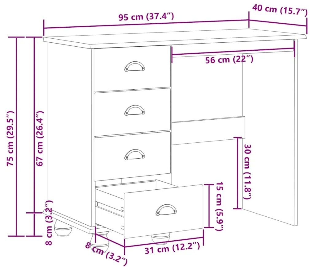 Mesa 'ASKIM'com Gavetas 95x40x75 cm Madeira Maciça de Pinus