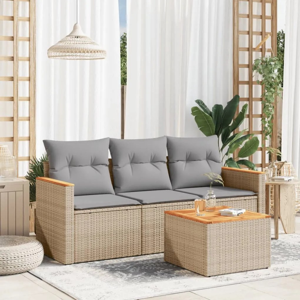 4 pcs conjunto de sofás para jardim c/ almofadões vime PE bege
