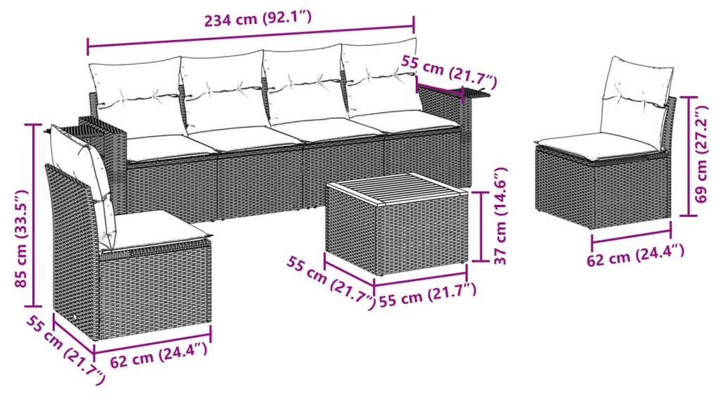 7 pcs conjunto sofás p/ jardim c/ almofadões vime PE cinzento