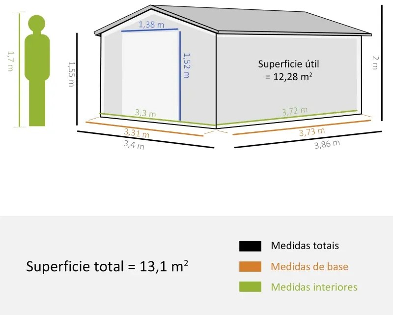 Abrigo de jardim de armazenamento para ferramentas com porta deslizante dupla aço galvanizado 340x386x200 cm cinza