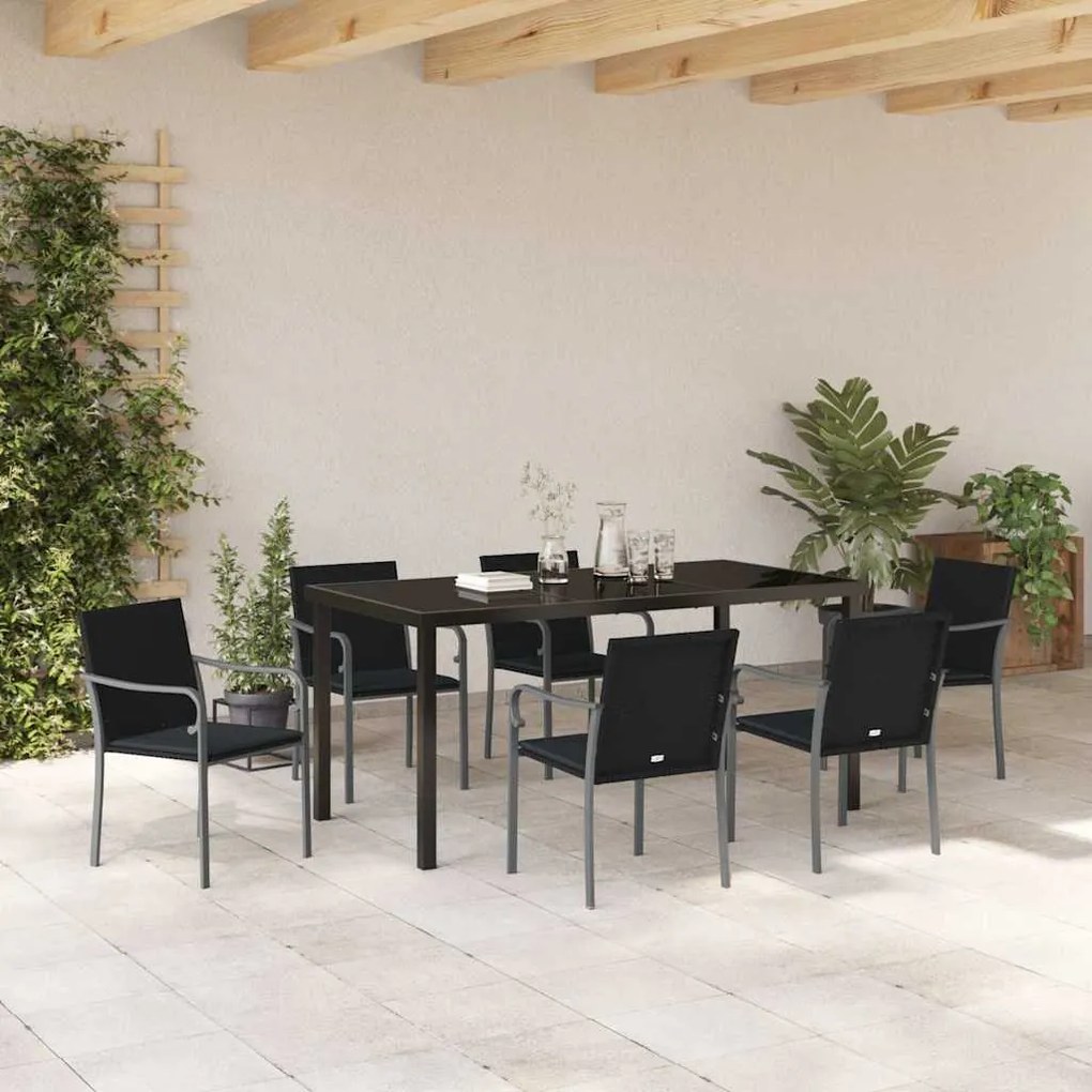 Conjunto de Jantar de Jardim com 7 Peças e Almofadas - Rattan Preto Po