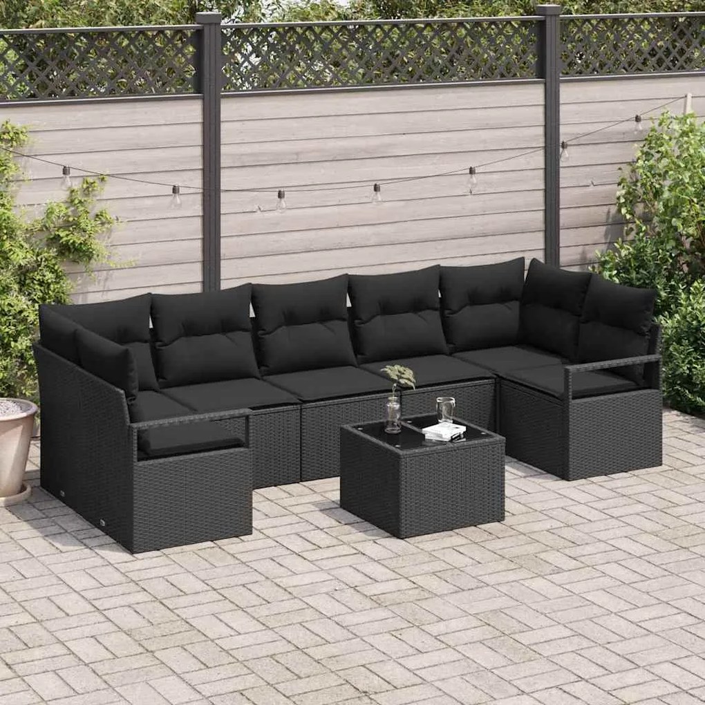 Conjunto de Sofá de Jardim com 8 Peças e Almofadas Pretas em Rattan