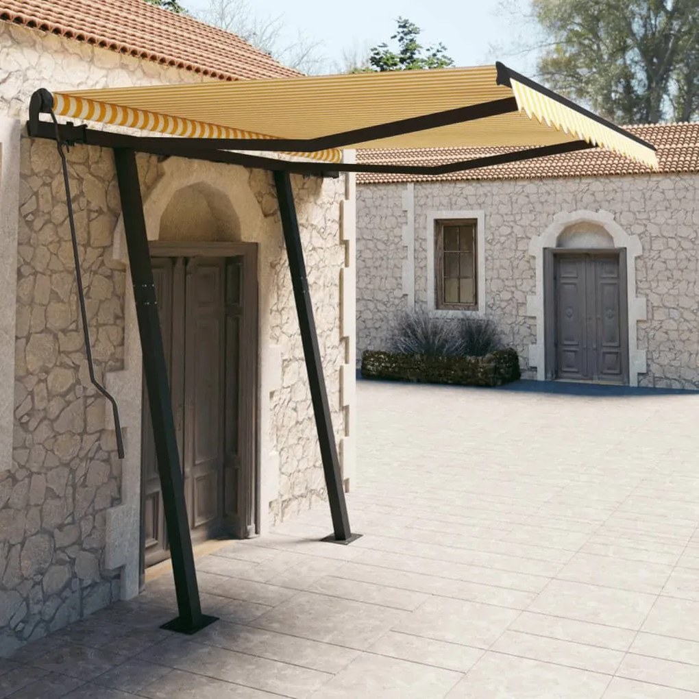 Toldo retrátil manual com postes 3x2,5 m amarelo e branco