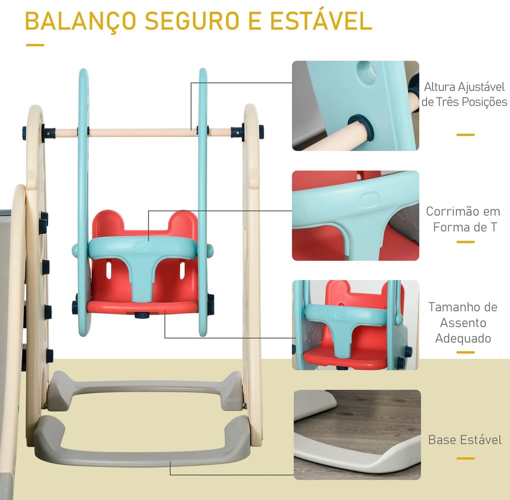 Parque infantil 5 em 1 escorrega balanço 2 cestas de basquete e gol de futebol para crianças acima de 1 ano 225x220x110 cm Multicolor