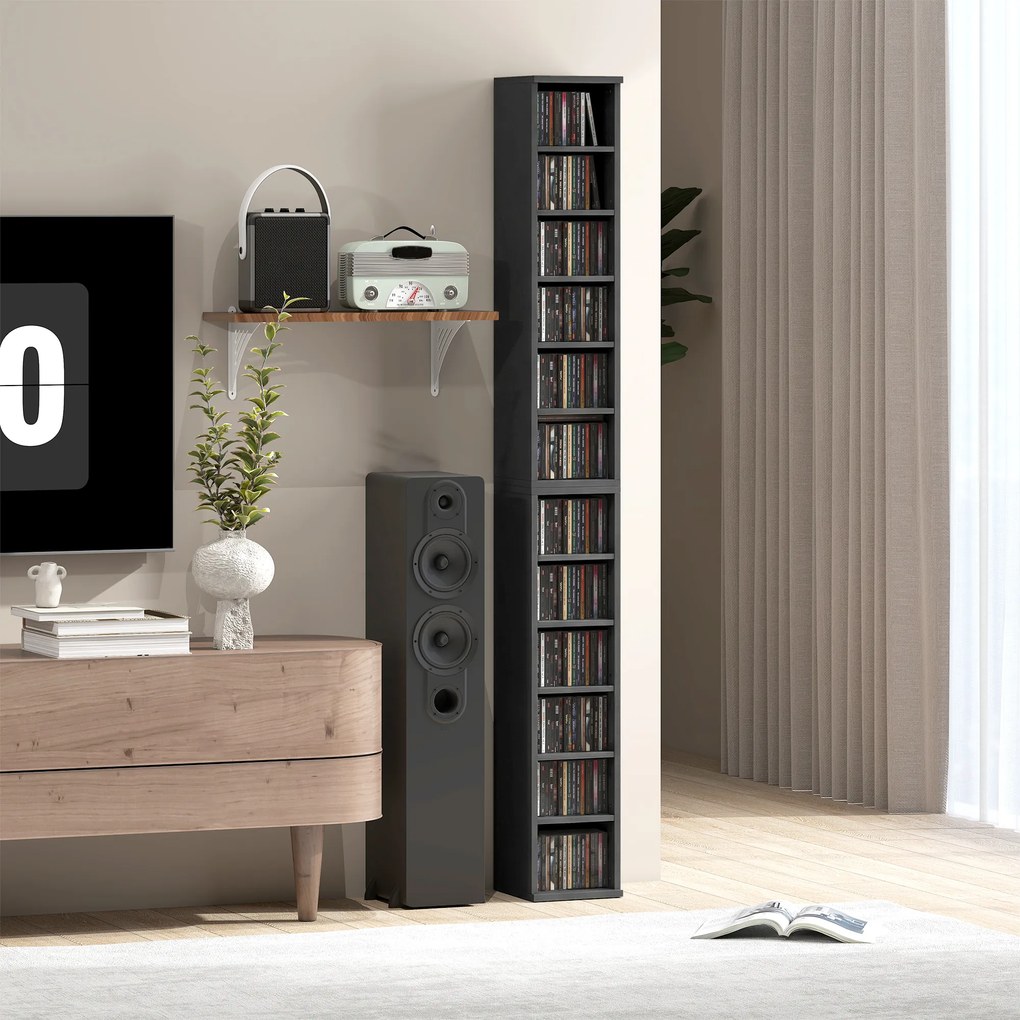 Conjunto de 2 prateleiras verticais para arrumação de CDs e DVDs, com 12 compartimentos, 21 x 22,5 x 88,5 cm, capacidade para 204 CDs, preto