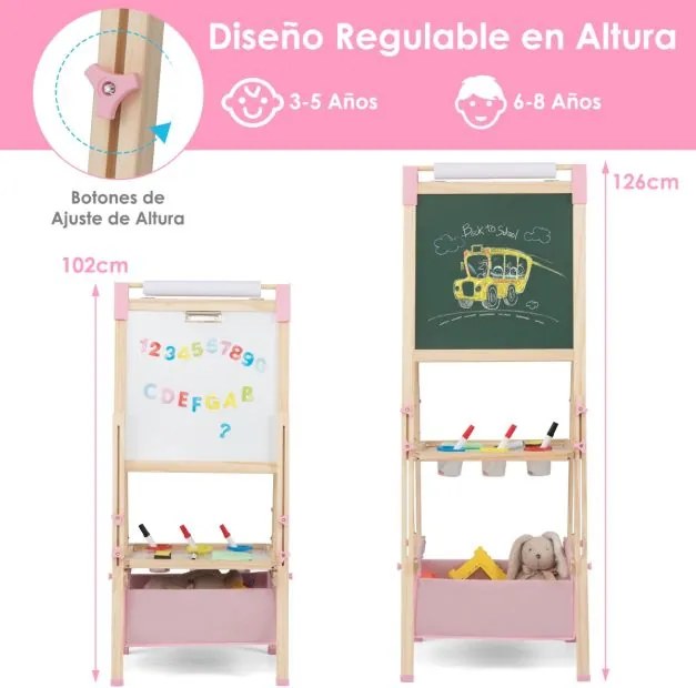 Cavalete de madeira para crianças ajustável com quadro negro e branco, rolo de papel e ímanes, natural e rosa