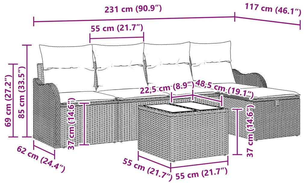 Conjunto de Sofá de Jardim vidaXL de 6 Peças com Almofadas Bege Rattan