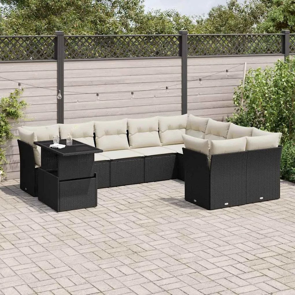 10 pcs conjunto sofás de jardim c/ almofadões vime PE preto
