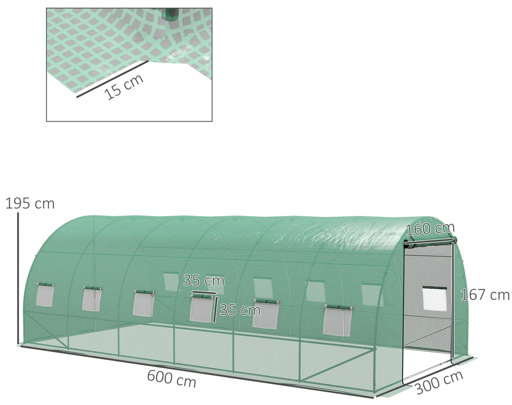 Estufa tipo Túnel 6x3x2 m com Sistema de Irrigação 12 Janelas com Malha e 1 Porta de Enrolar Estufa de Jardim Verde