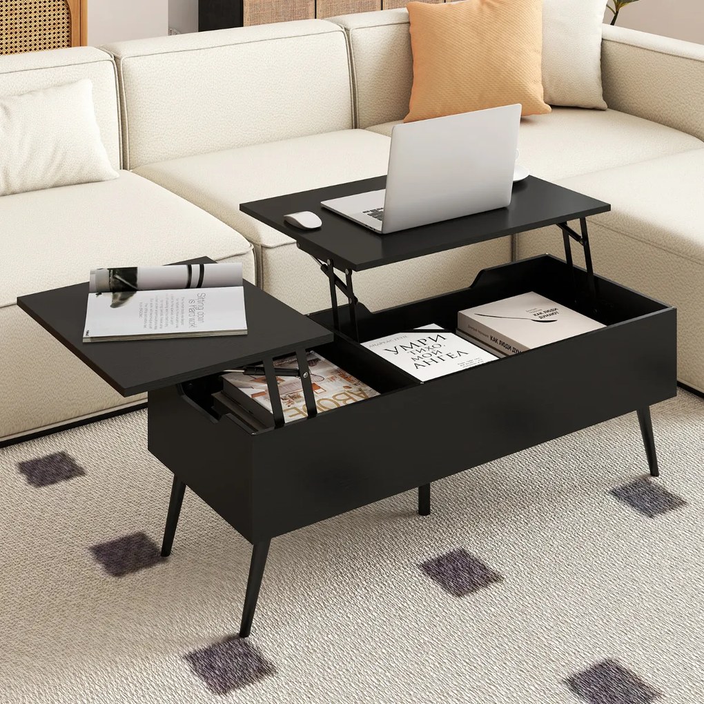 Mesa de centro moderna elevável com 2 compartimentos de armazenamento ocultos 111 x 48 x 40-53,5 cm Preta