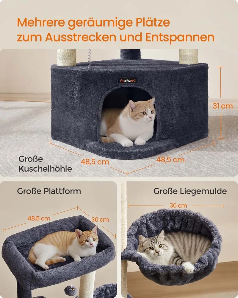 Arranhador para gatos 48,5 x 48,5 x 140,7 cm com uma grande caverna e várias áreas para brincar e descansar cinzento escuro