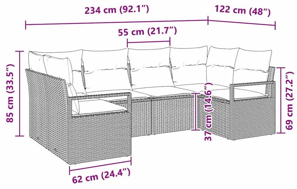Conjunto de Sofá de Jardim com 6 peças da com Almofadas de Rattan Poli