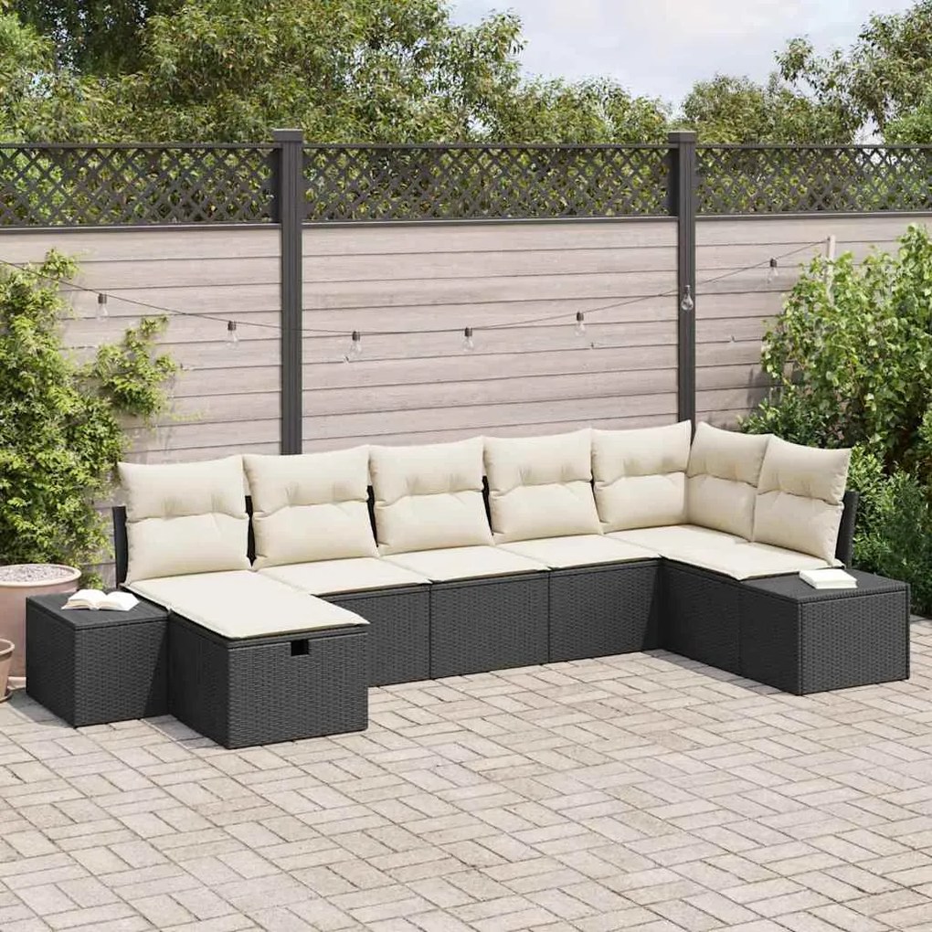vidaXL Conjunto de Sofá de Jardim de 7 Peças com Almofadas - Preto, Rattan Sintético
