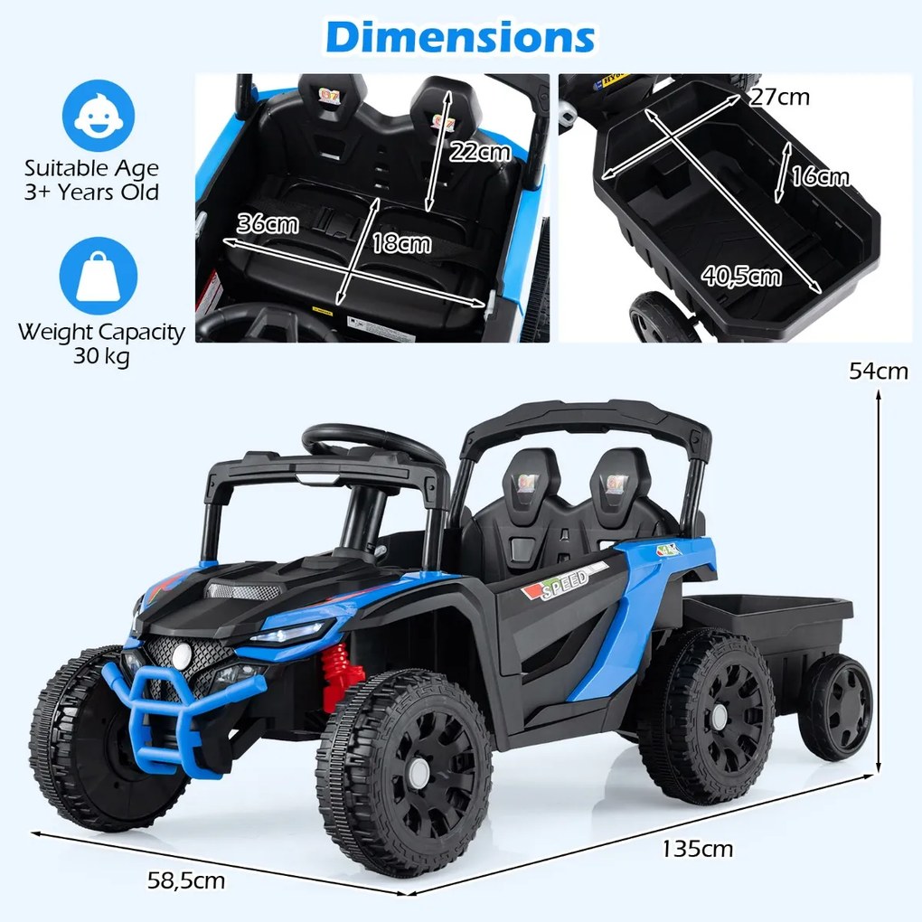 Carro eletrico para crianças 12V com reboque destacável a bateria com 3 velocidades Luzes LED Música Azul