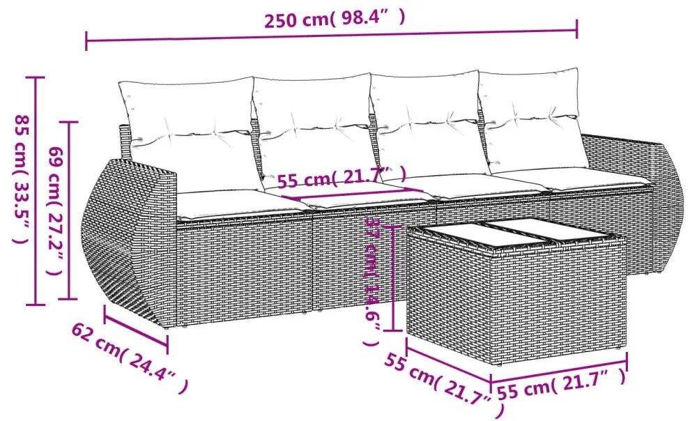 5 pcs conjunto sofás p/ jardim c/ almofadões vime PE castanho