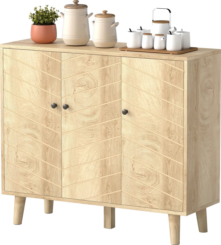 Aparador de cozinha 88,3 x 30 x 76 cm, móvel de arrumação com 3 portas com padrão em ziguezague e pés em madeira de pinho, madeira natural