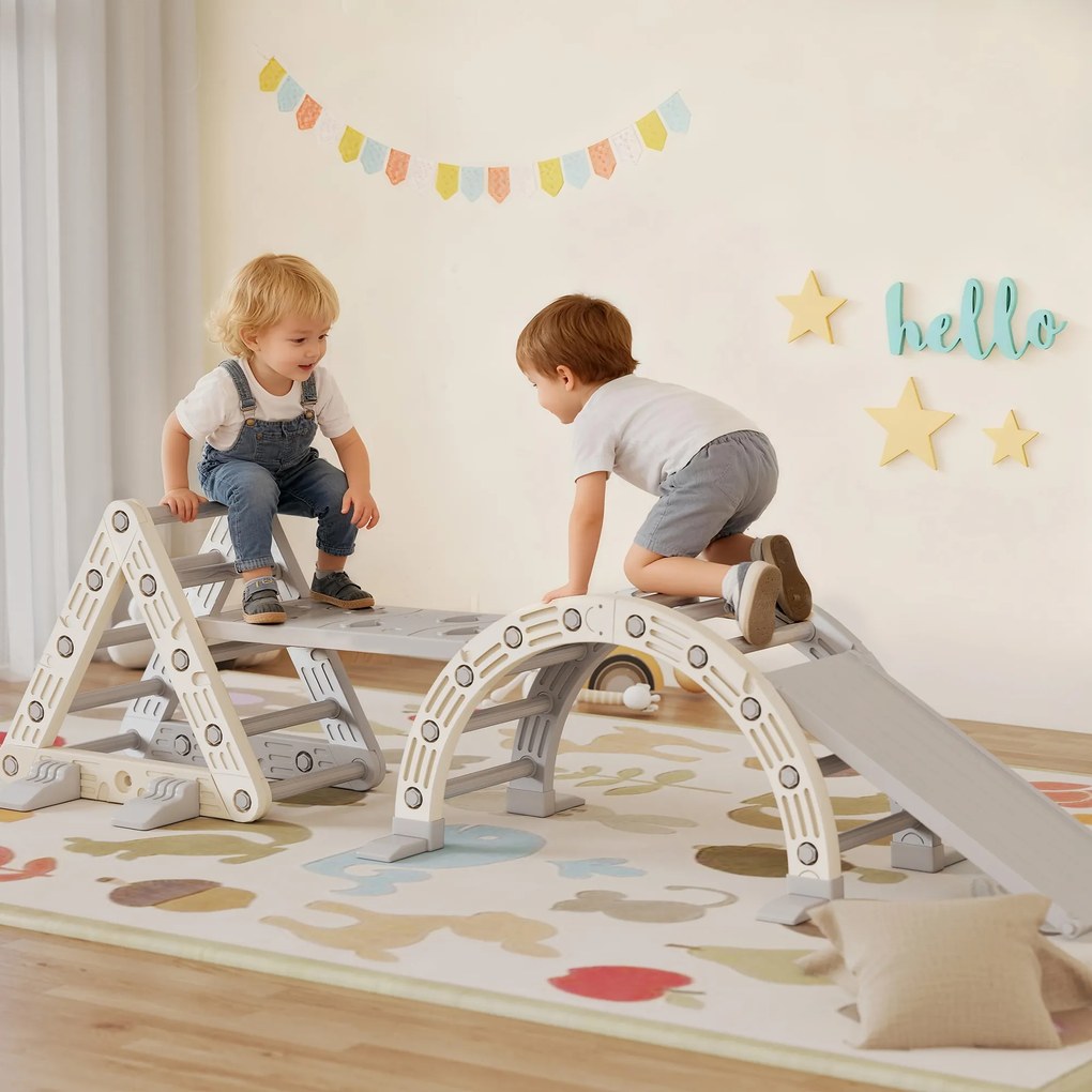 Triângulo de escalada infantil 8 em 1, arco de escalada, rampa dupla para escalar e deslizar, 279 x 80 x 69 cm, cinzento