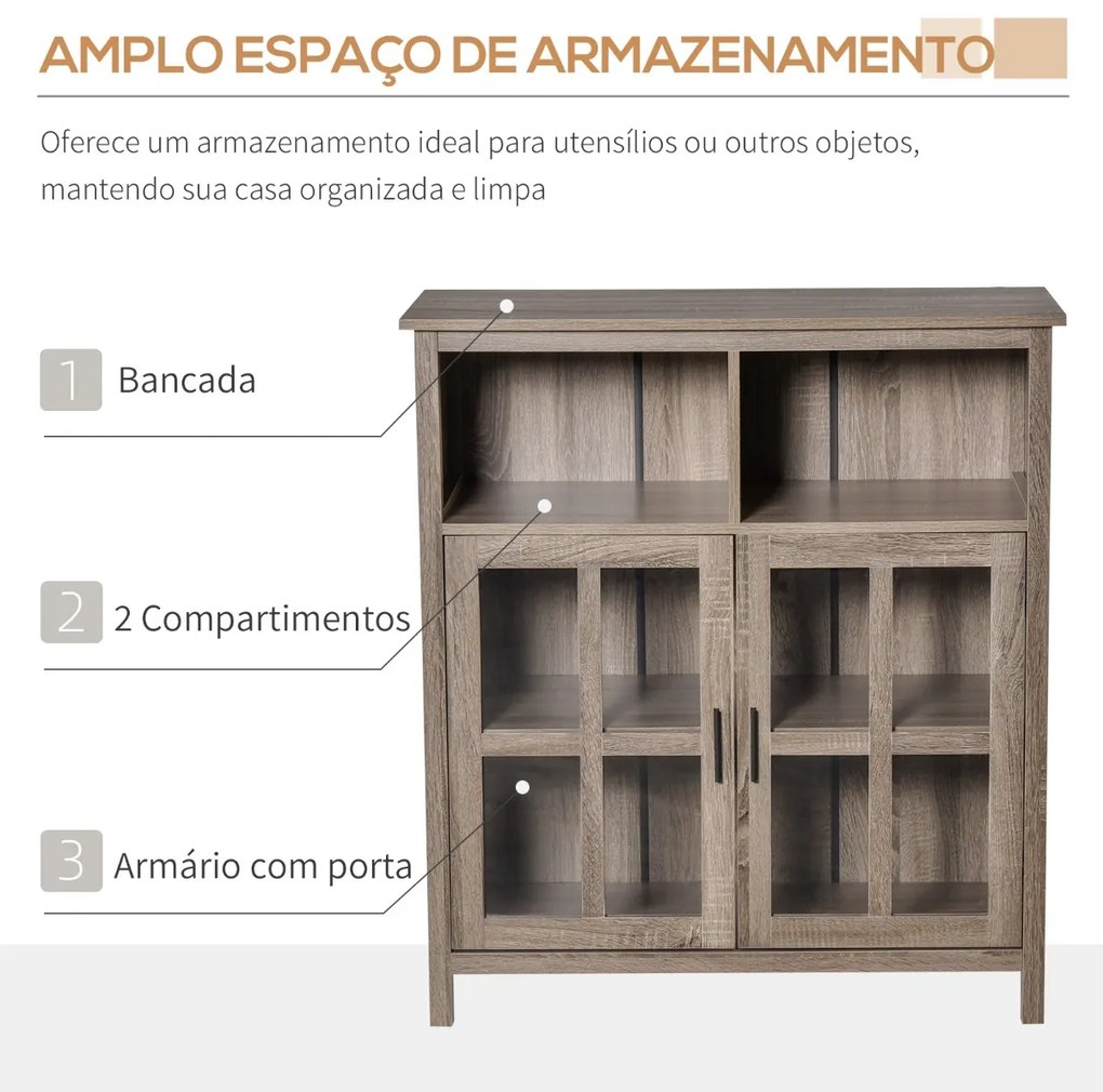 Aparador de Cozinha Armário Buffet com 2 Portas de Vidro e 2 Compartimentos Abertos Móvel Auxiliar de Armazenamento para Sala de Jantar Sala de