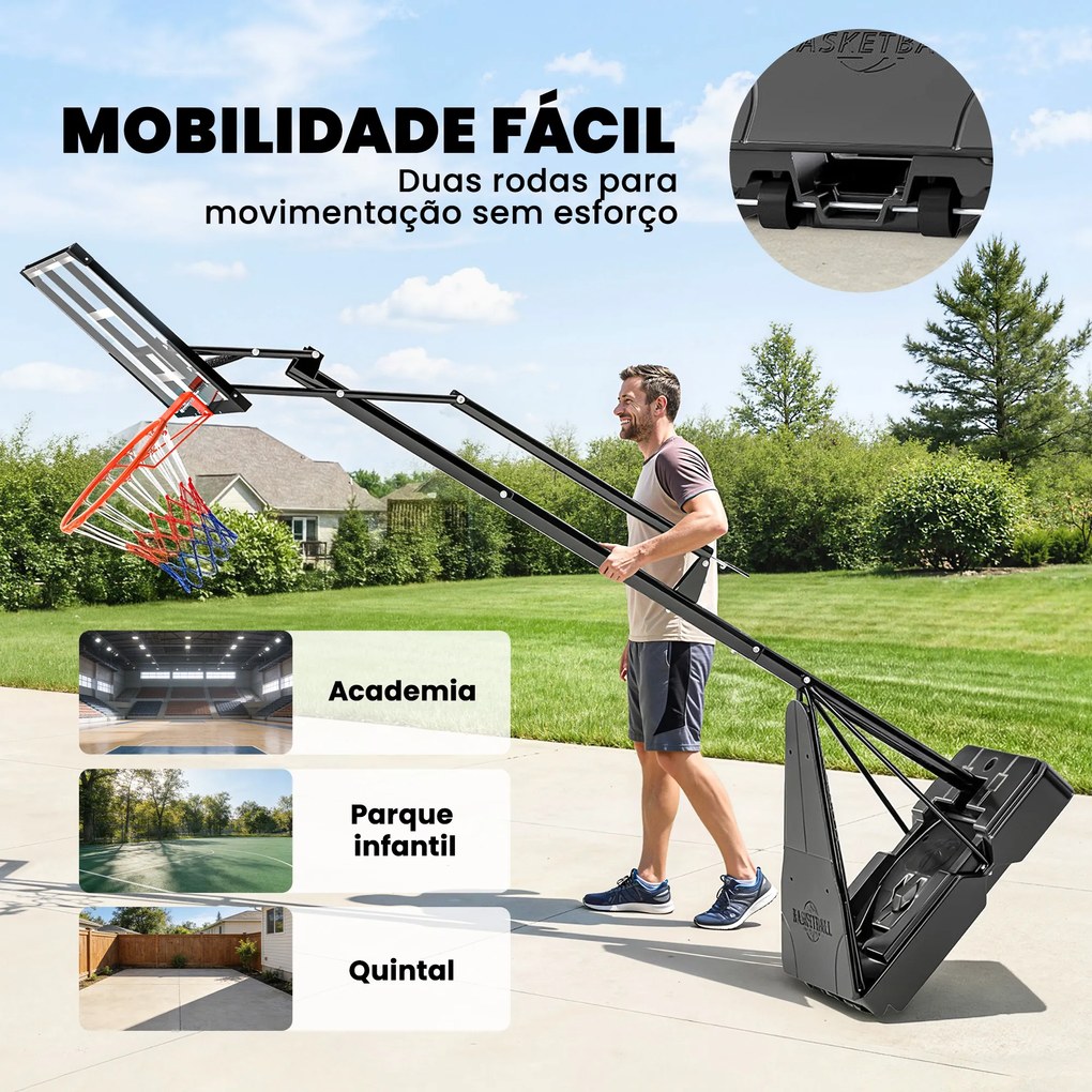 Tabela de Basquetebol para Exterior Ajustável de 245-305 cm com Rodas Base Preenchível e Sistema de Retorno Preto