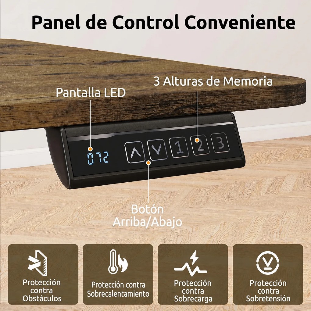 Secretária de Escritório Elétrica, 140 x 60 x 72-118 cm, Altura Regulável com 3 Memórias, Castanho + Preto