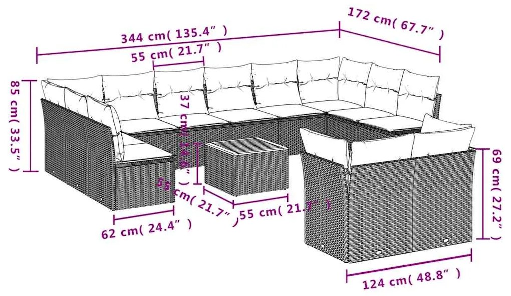 13 pcs conjunto sofás p/ jardim c/ almofadões vime PE cinzento