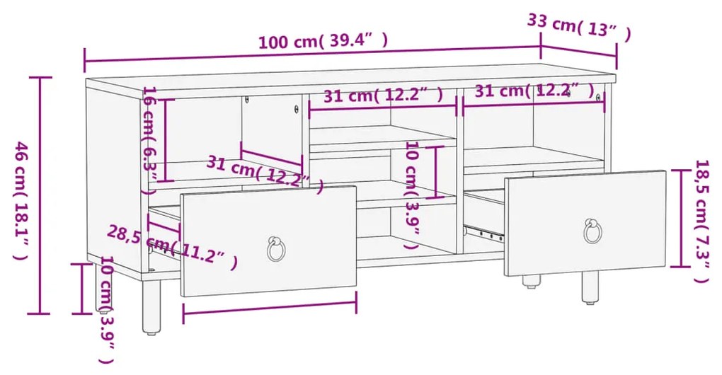 Móvel de TV 100x33x46 cm madeira de mangueira maciça