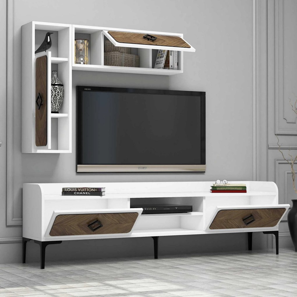 Conjunto de Mobiliário de Sala Samba – Branco e Noz – TV: 180x52x35 cm