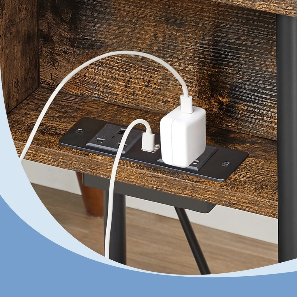 Mesa de apoio, mesa de cabeceira (CESTO NÃO INCLUIDO) com com 2 tomadas e 2 portas USB 30 x 34 x 58 cm castanho rústico e preto