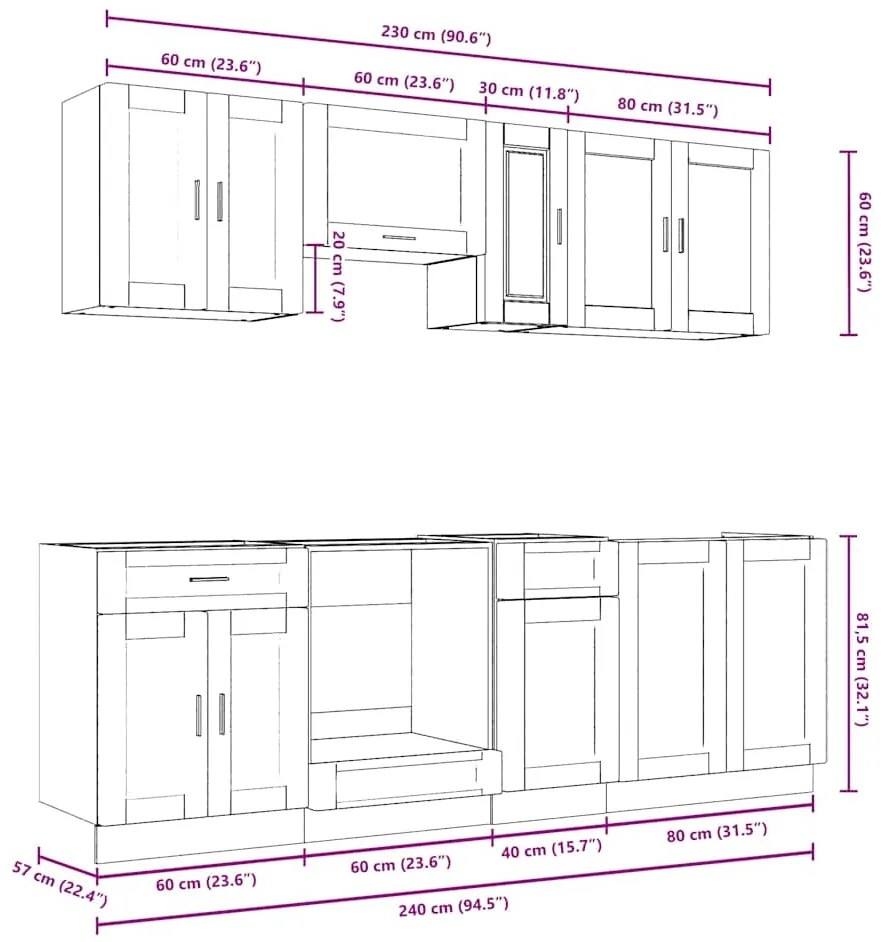 8 peças armário de cozinha conjunto Kalmar cinzento cimento